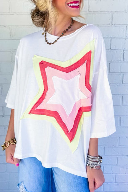 Colorblock Star Patched Half Sleeve Oversized Tee