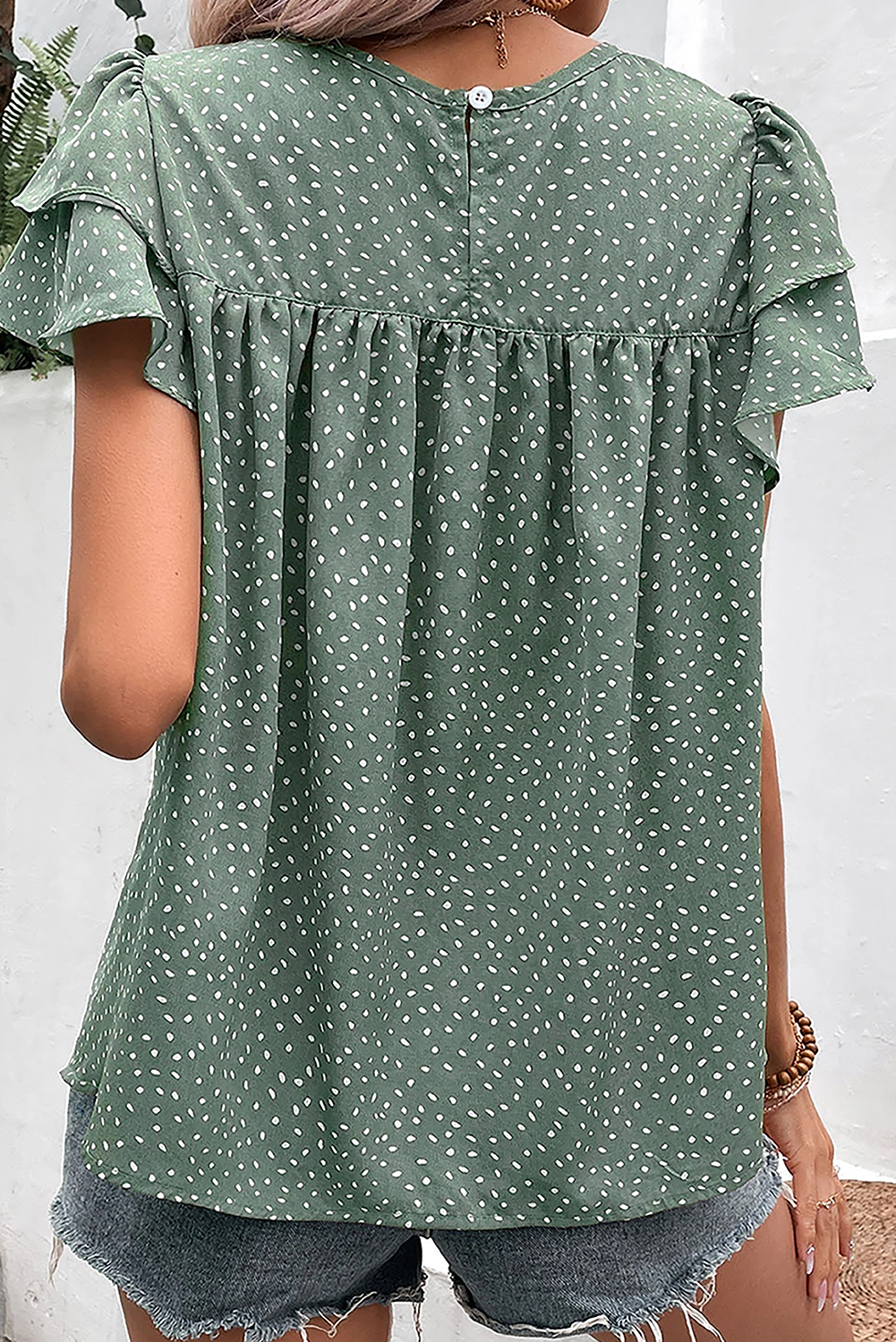 Dotted Ruffle Sleeve Crew Neck Ruched Blouse