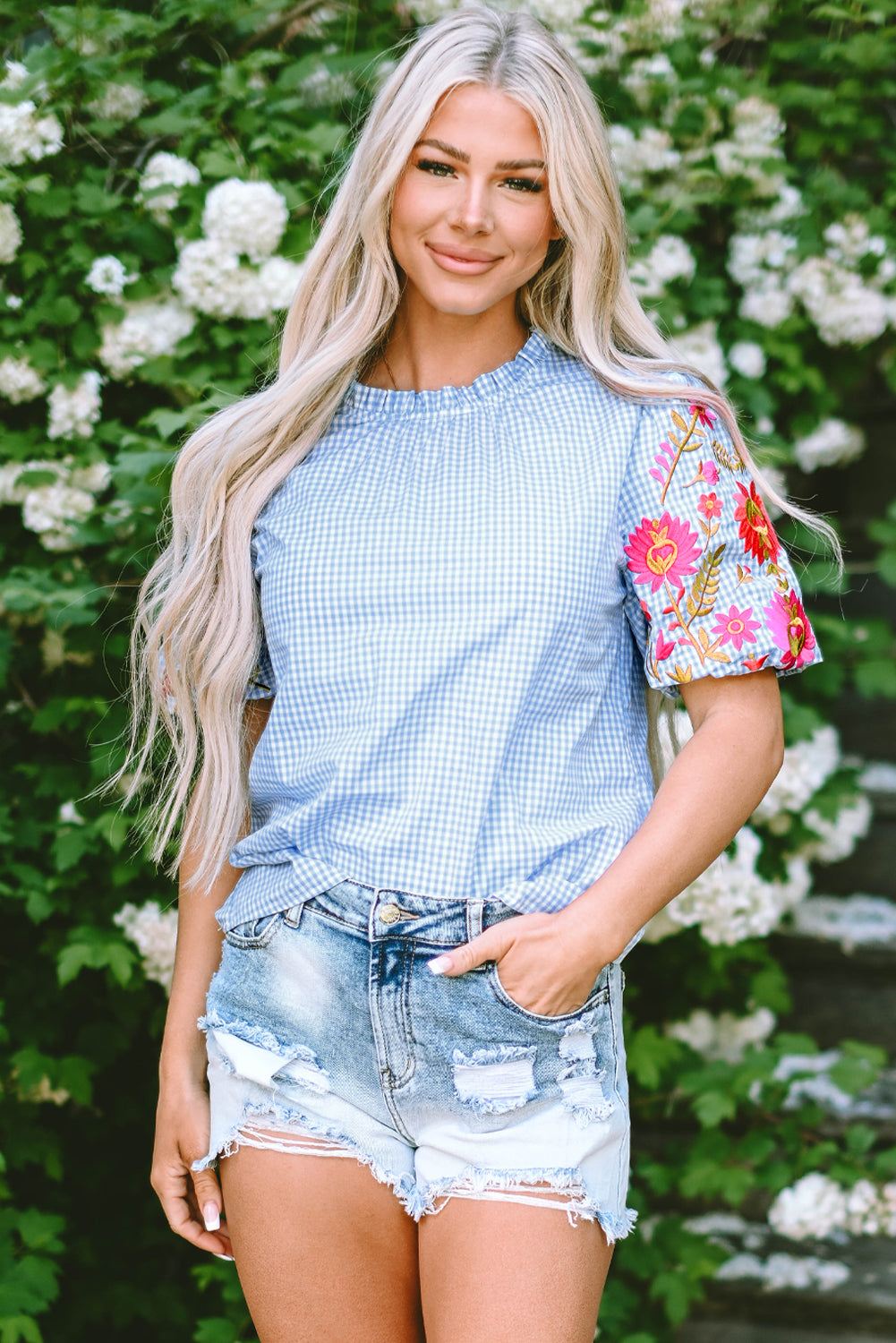 Light Blue Gingham Floral Embroidered Puff Sleeve Blouse