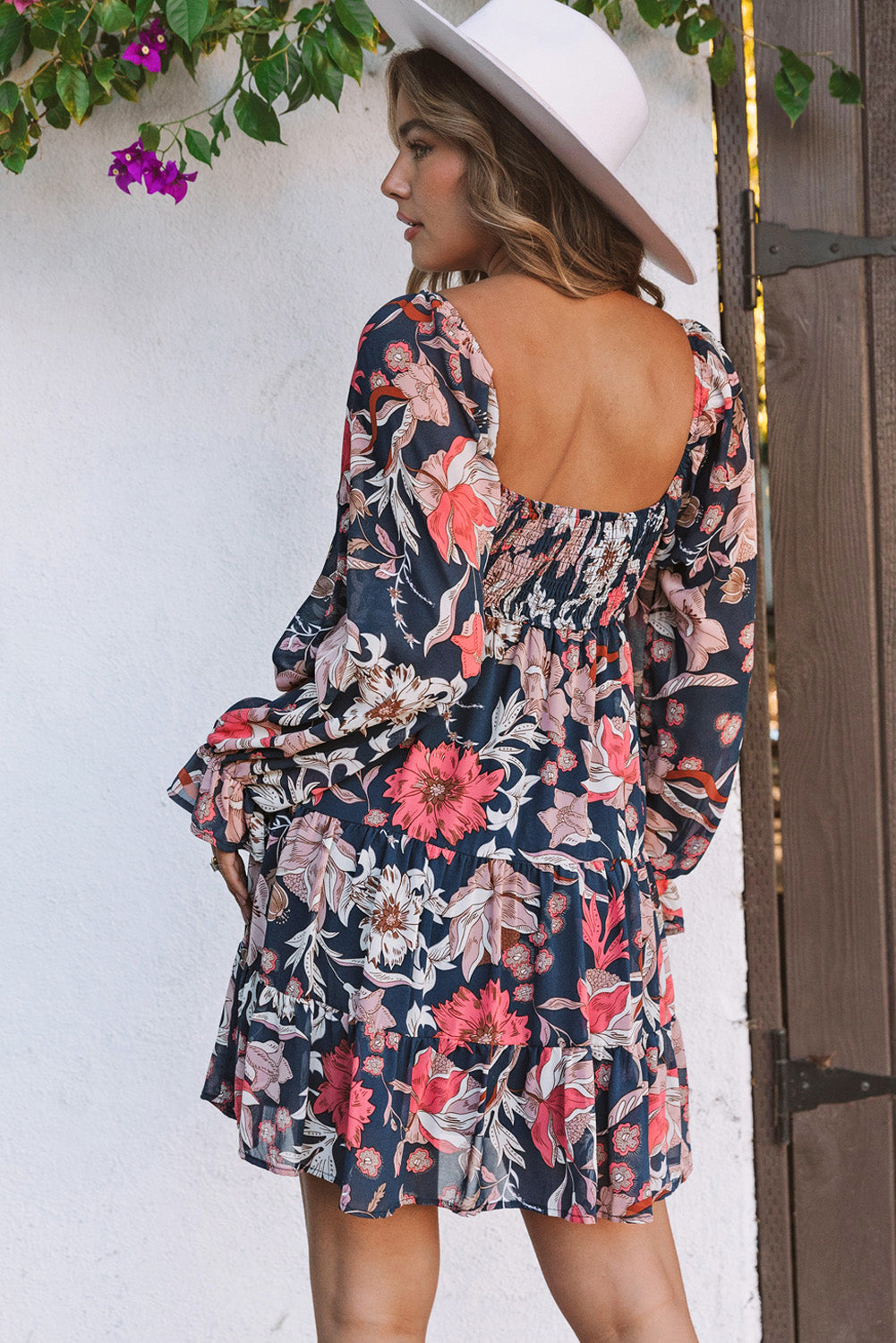 Blue Floral Tiered Long Puff Sleeve Mini Dress - The Perfect Touch SA