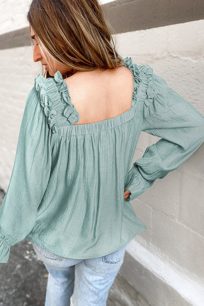 Ruffled Square Neck Cuffs Long Sleeve Blouse