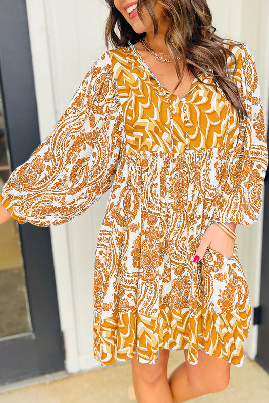 Bohemian Print Puff Sleeve Tied V Neck Flared Mini Dress