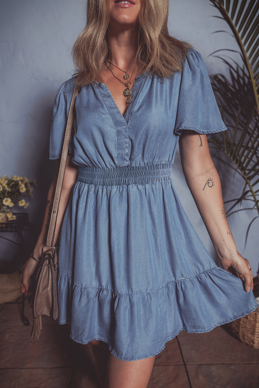 Ashleigh Blue Ruffled V Neck Smocked High Waist Denim Mini Dress