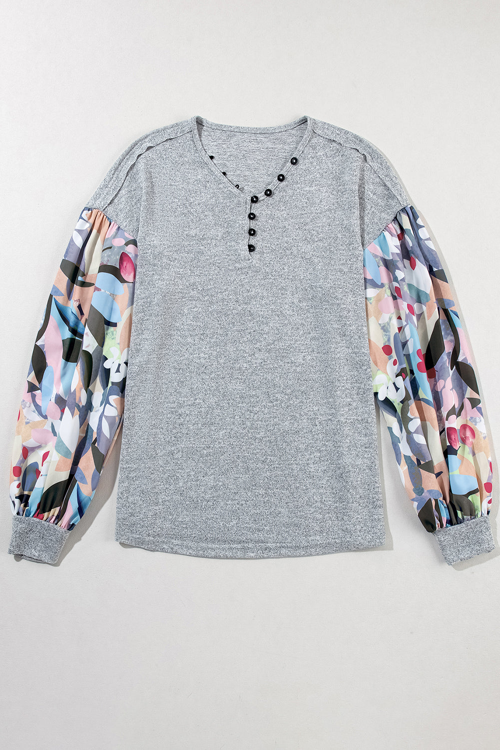 Grey Floral Lantern Sleeve Patchwork Buttoned V Neck Top