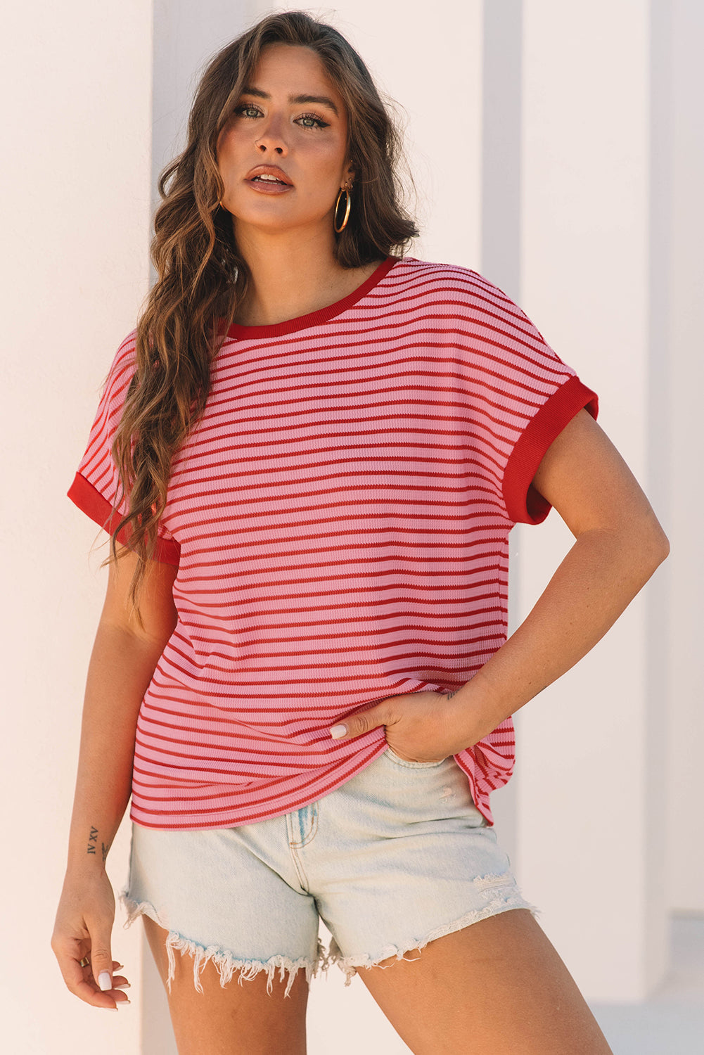 Pink Stripe Knitted Round Neck T Shirt