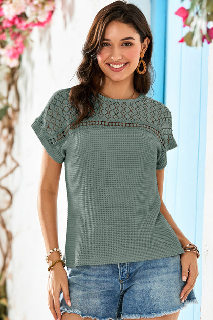 Mist Green Lace Patchwork Waffle Short Sleeve Top