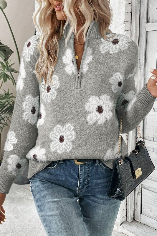 Gray Floral Pattern Half Zip Drop Shoulder Sweater