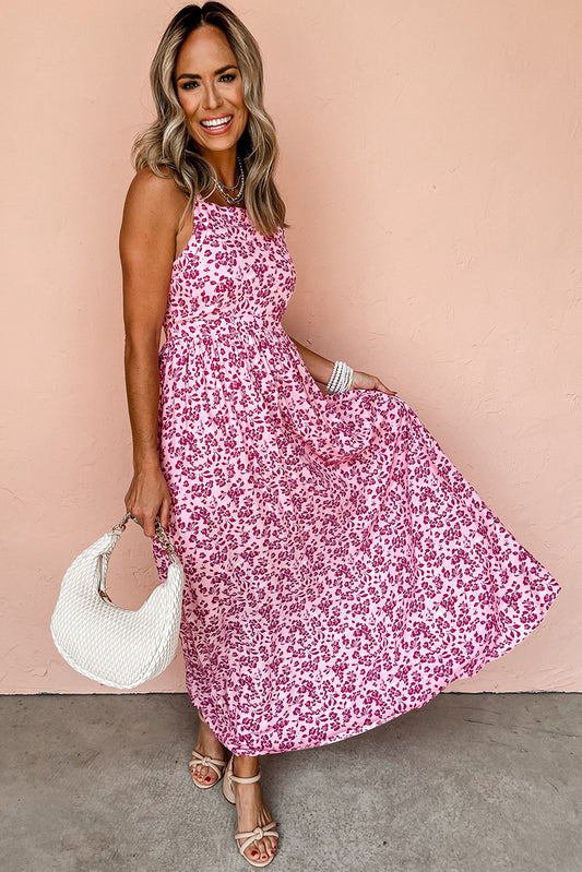 Pink Floral Cutout Back Empire Waist Sleeveless Maxi Dress