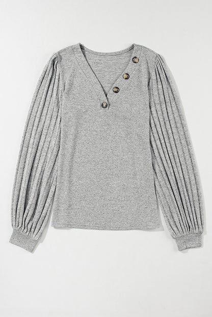 Light Grey Buttoned V Neck Ribbed Puff Sleeve Top