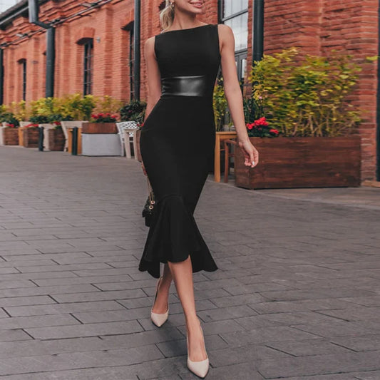 Black Leather Girdle Patch Sleeveless Fishtail Dress