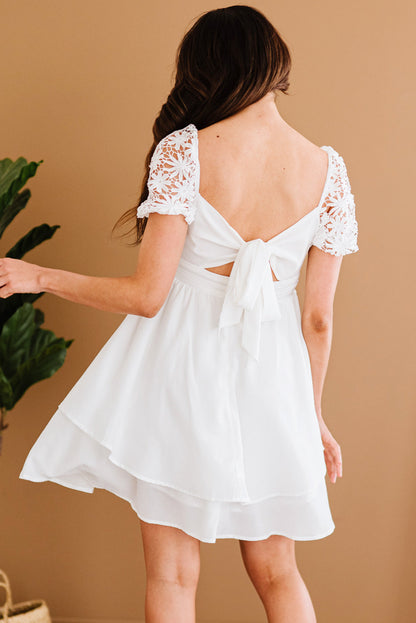 Square Neck Lace Contrast Ruffles Bow Back A Line Mini Dress