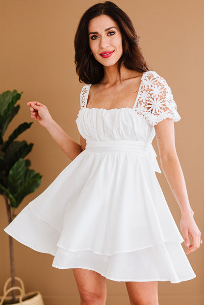 Square Neck Lace Contrast Ruffles Bow Back A Line Mini Dress