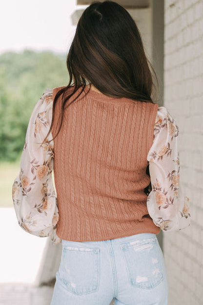 Golden Floral Patchwork Ruffled Cuff Cable Knit Sweater