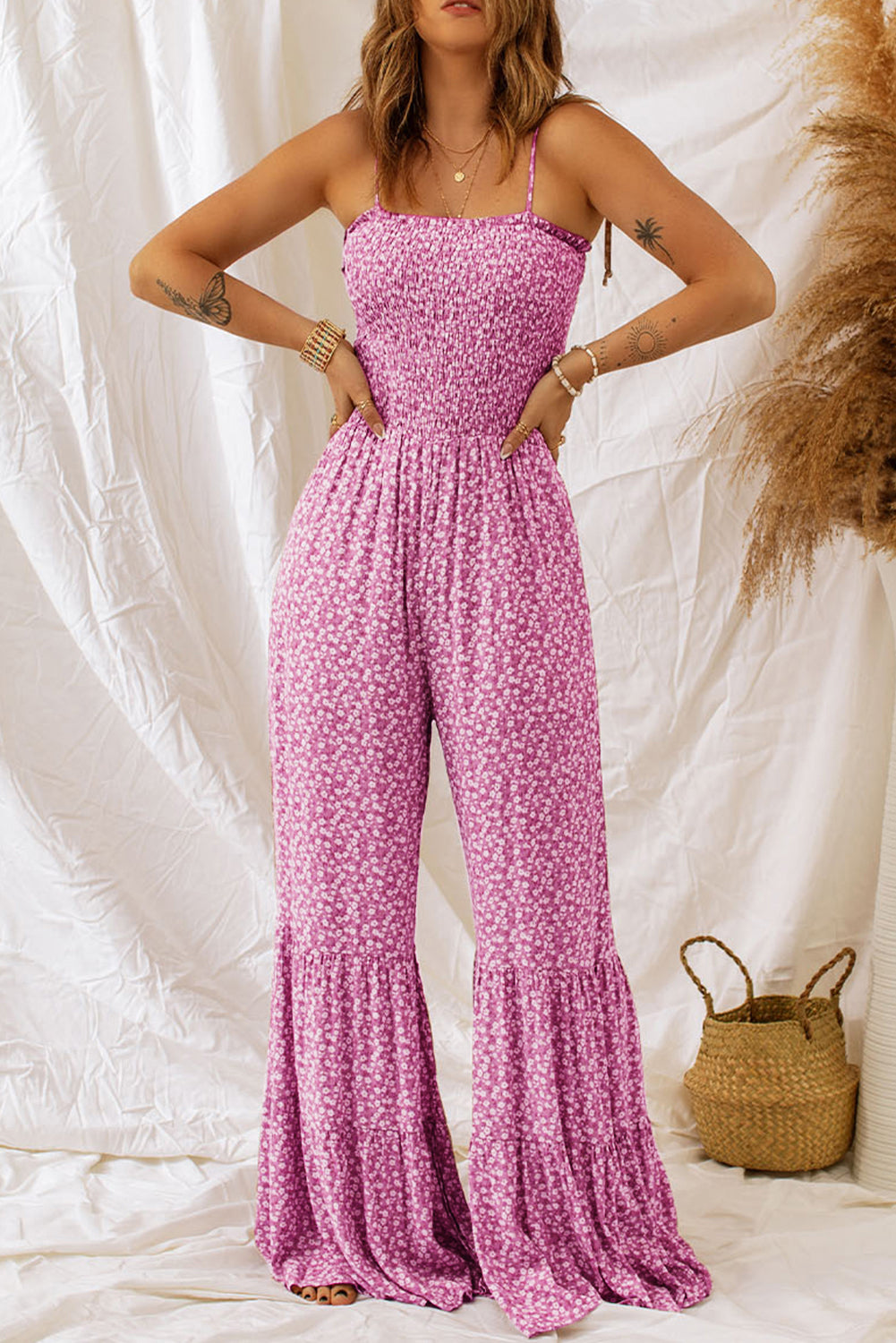 Thin Straps Smocked Bodice Wide Leg Floral Jumpsuit