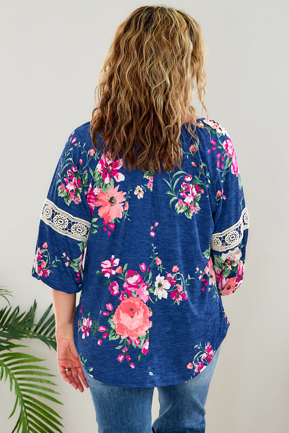 Blue Plus Size Lace Patch 3/4 Sleeve Split Neck Floral Top