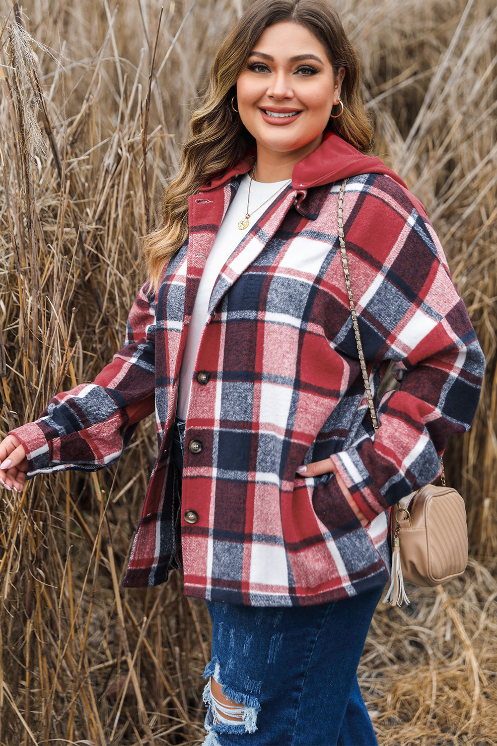 Hooded Plaid Button Front Shacket