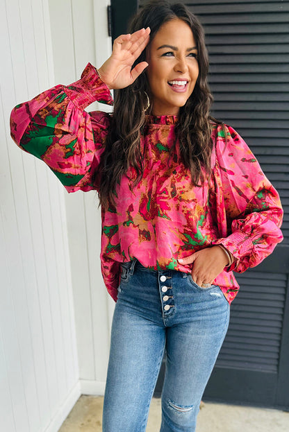 Rose Abstract Print Frilly Neckline Puff Sleeve Blouse