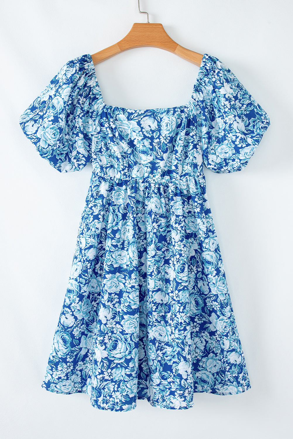 Blue Floral Puff Sleeve Babydoll Mini Dress