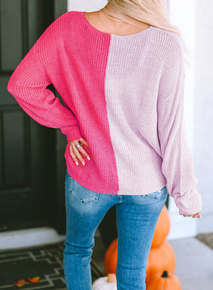 Pink Long Sleeve V-Neck Colorblock Sweater