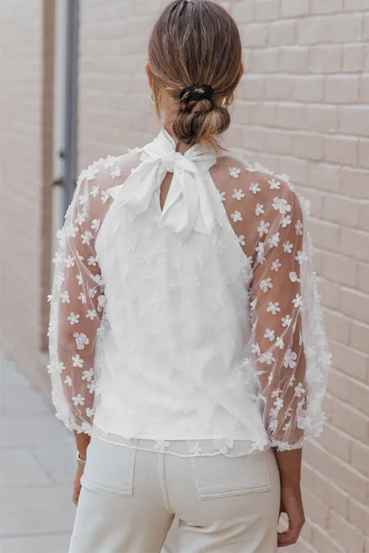 White Mock Neck Floral Mesh Long Sleeve Top