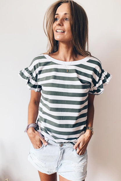 Striped V Neck Ruffle Sleeve Top