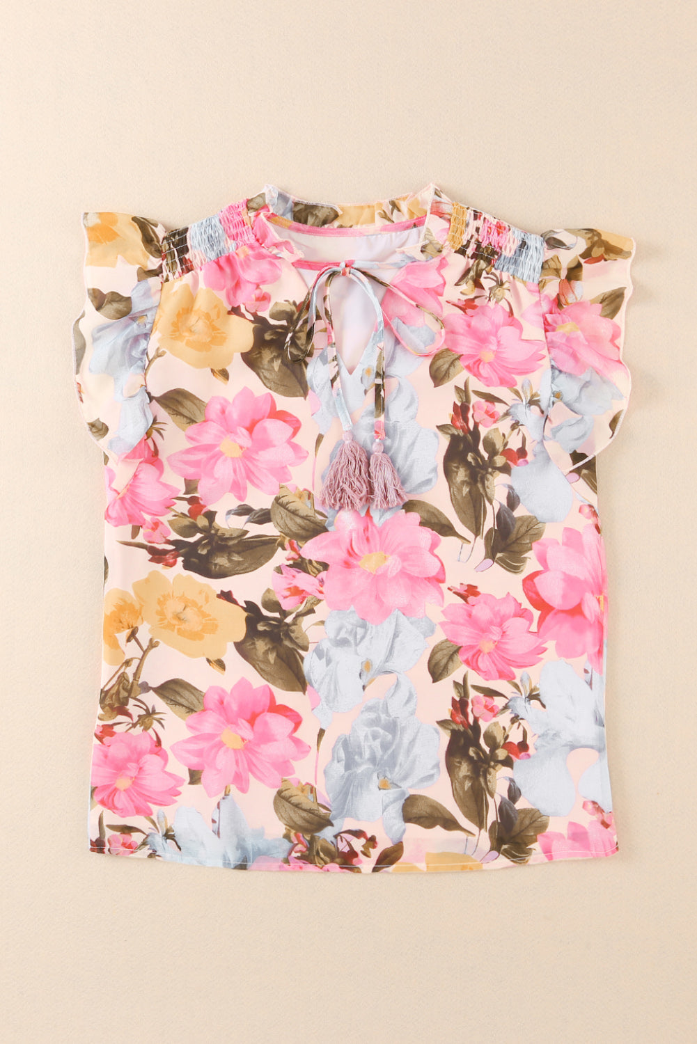 Pink Floral Print Tassel Tie Short Sleeve Blouse