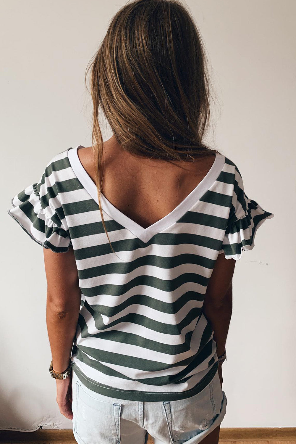 Striped V Neck Ruffle Sleeve Top