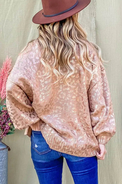 Apricot Glitter Leopard Print Puff Sleeve Sweater