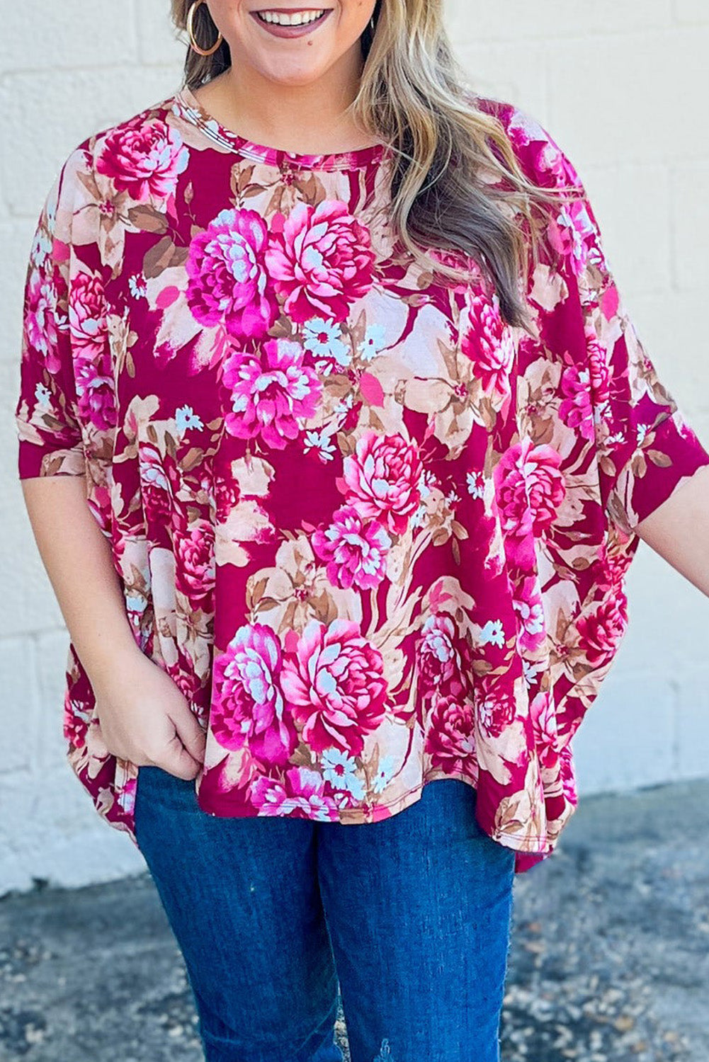 Red Floral Print Short Sleeve Plus Size Blouse