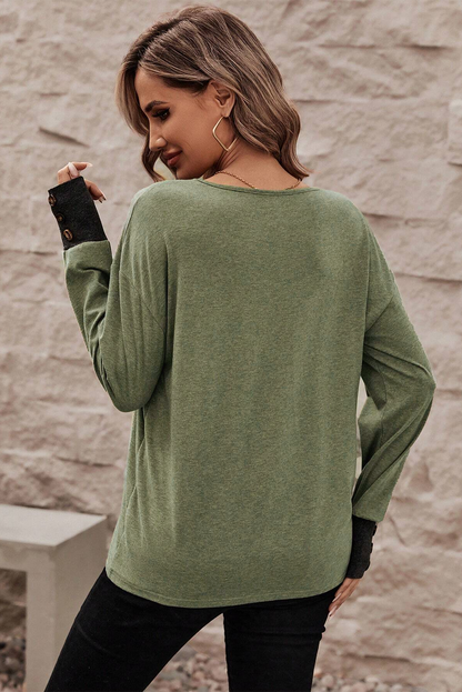 Contrast V Neck Button Cuffed Long Sleeve Top