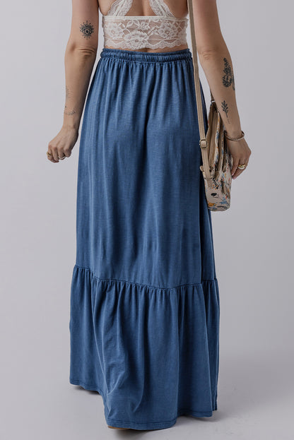 Sail Blue Solid Color Lace up High Waist Tiered Maxi Skirt