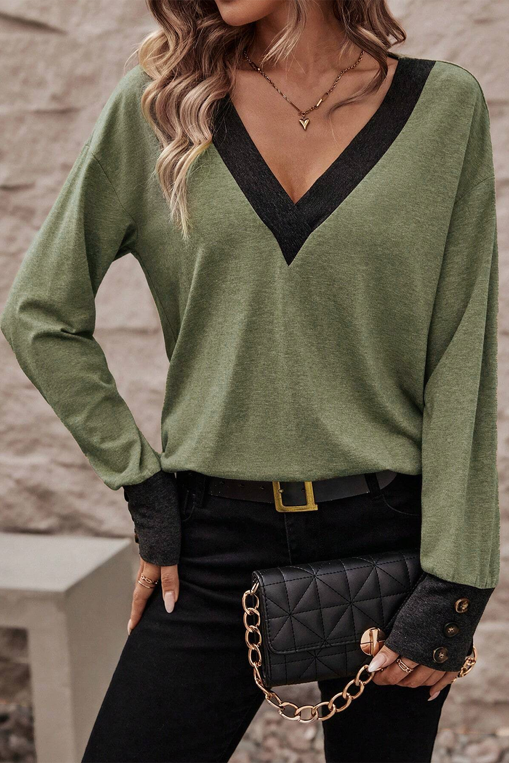 Contrast V Neck Button Cuffed Long Sleeve Top