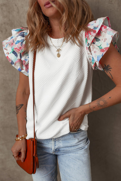 White Abstract Print Tiered Ruffled Sleeve Textured Knit Top