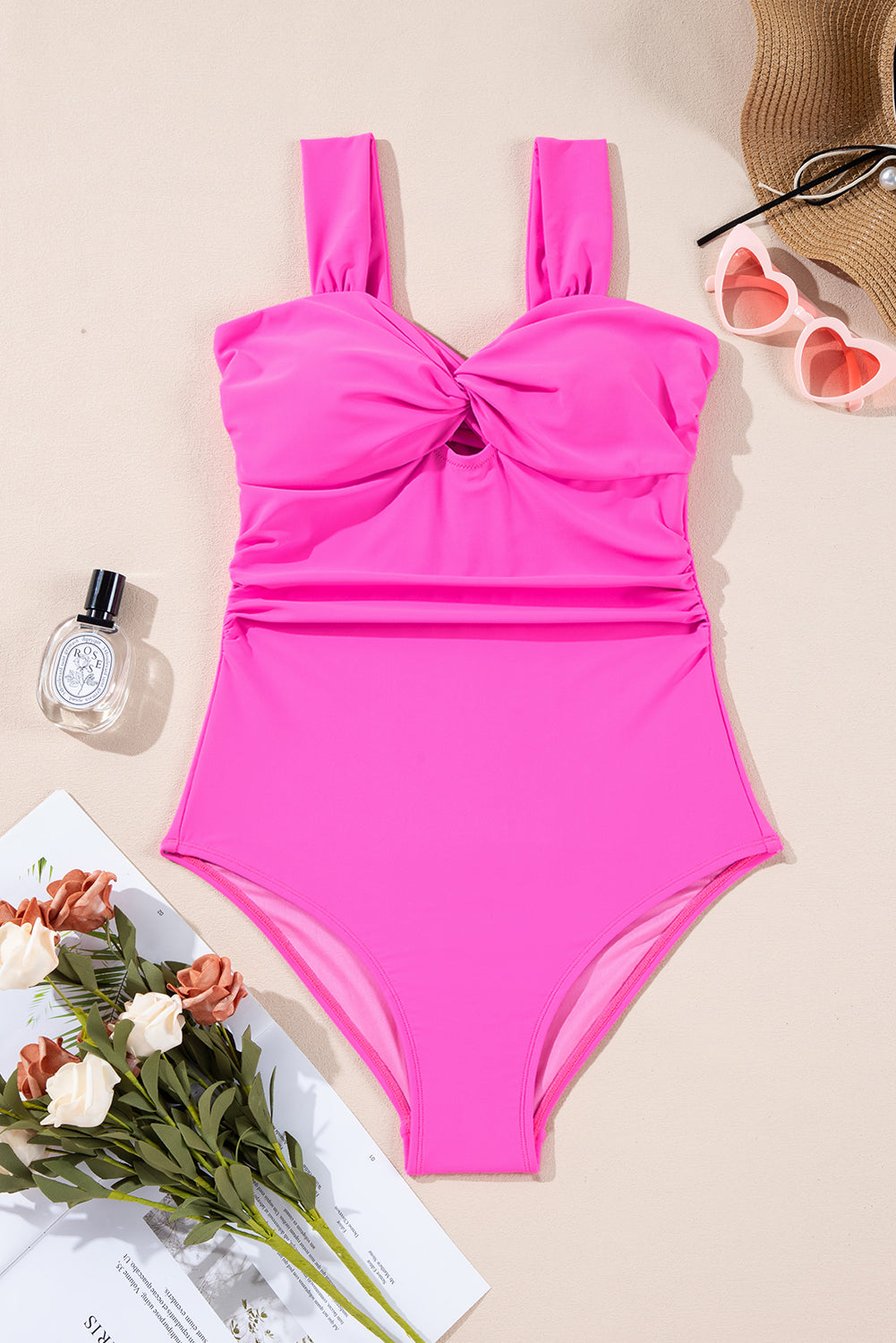 Bright Pink Cut out Twist Bowknot Backless One Piece Swimsuit