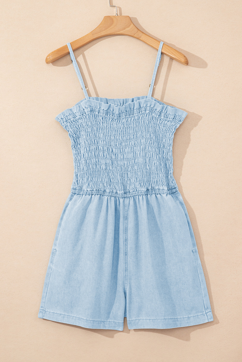 Beau Blue Spaghetti Strap Smocked Denim Romper