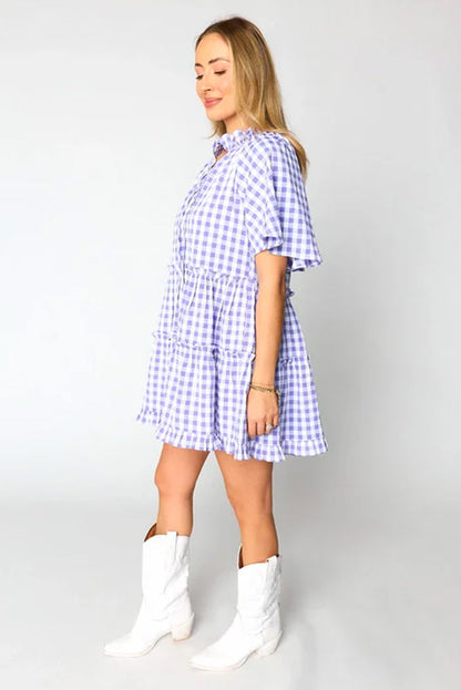 Lavendula Plaid Ruffle Wide Short Sleeve Babydoll Mini Dress