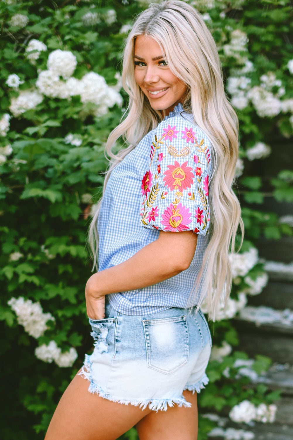 Light Blue Gingham Floral Embroidered Puff Sleeve Blouse