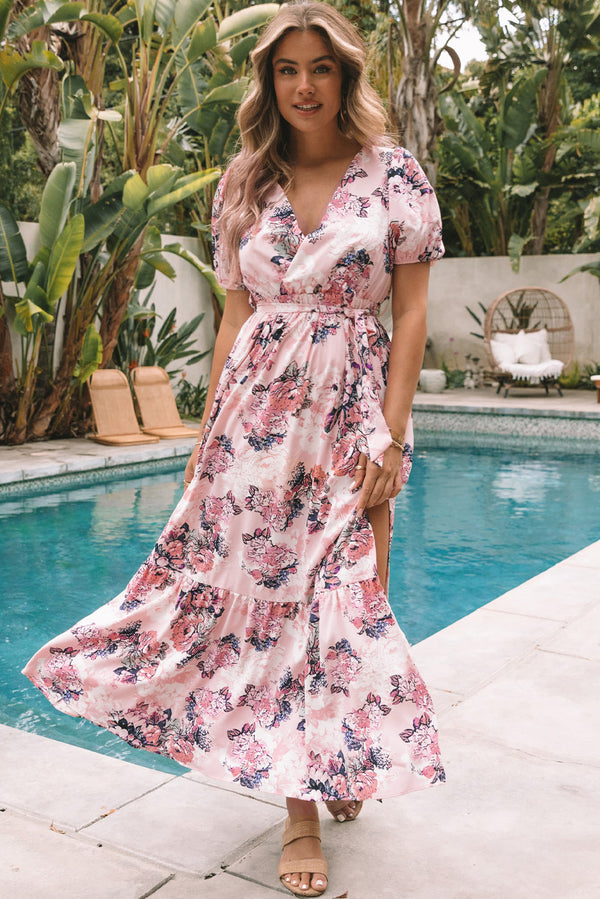 Pink Floral Puff Sleeve High Waist Maxi Dress - The Perfect Touch SA