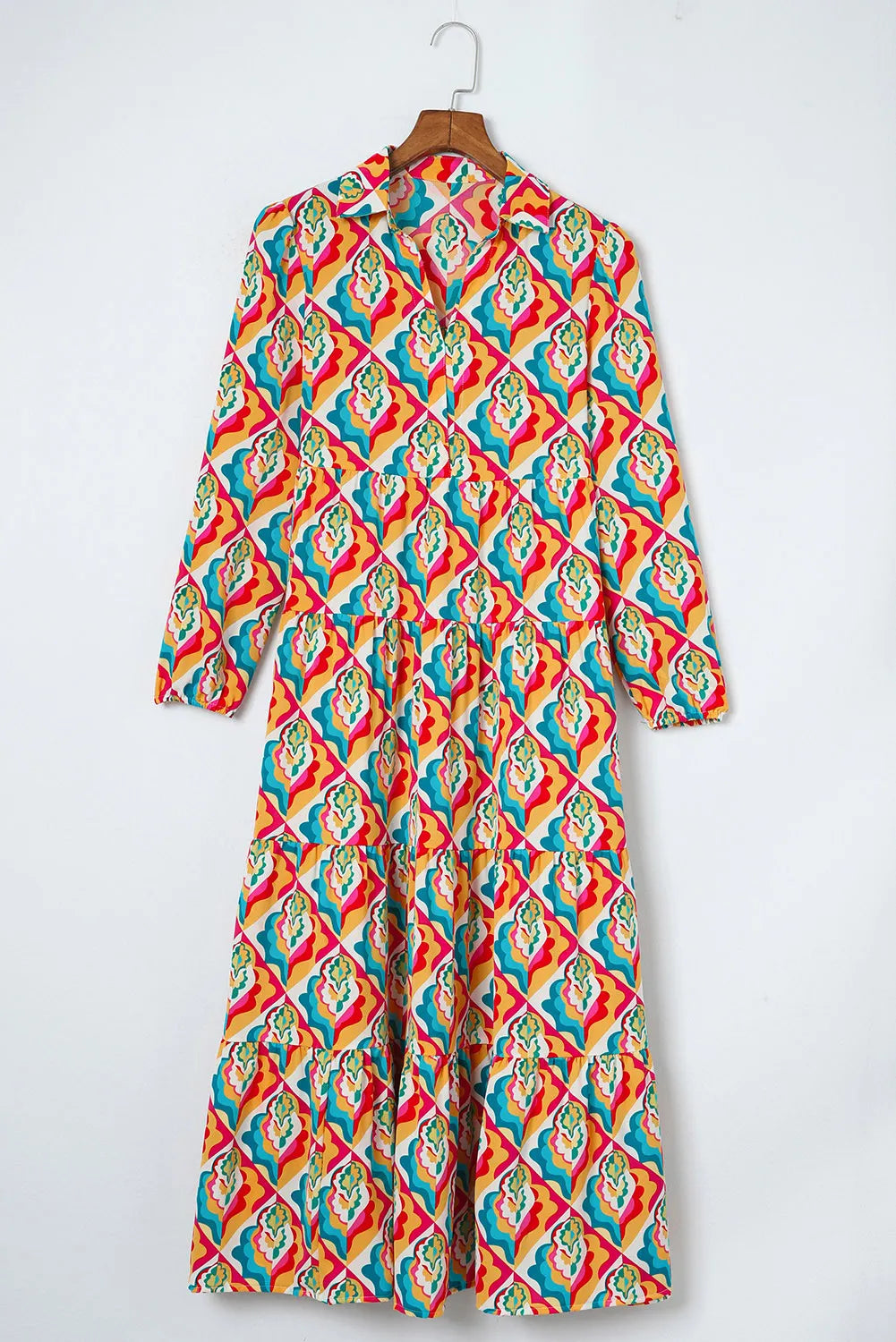 Multicolor Abstract Geometric Print Long Sleeve High Waist Dress