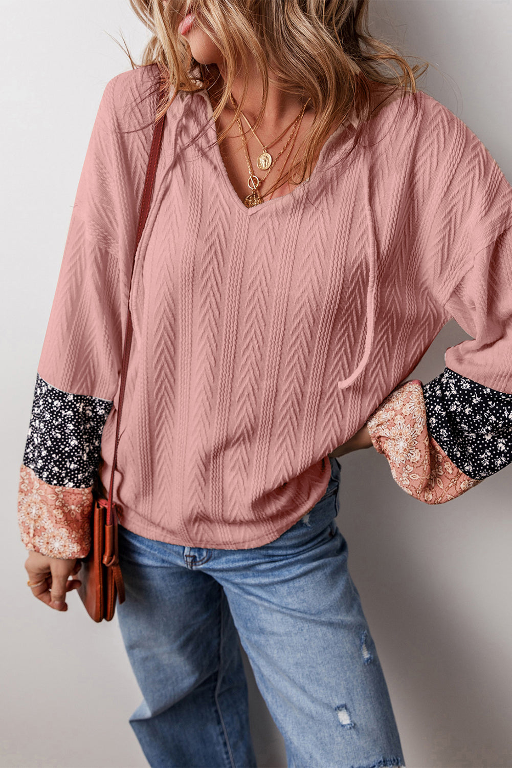 Floral Patchwork Textured Knit Drawstring V Neck Blouse