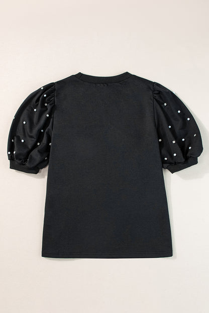 Black Rhinestone Pearl Puff Half Sleeve Top