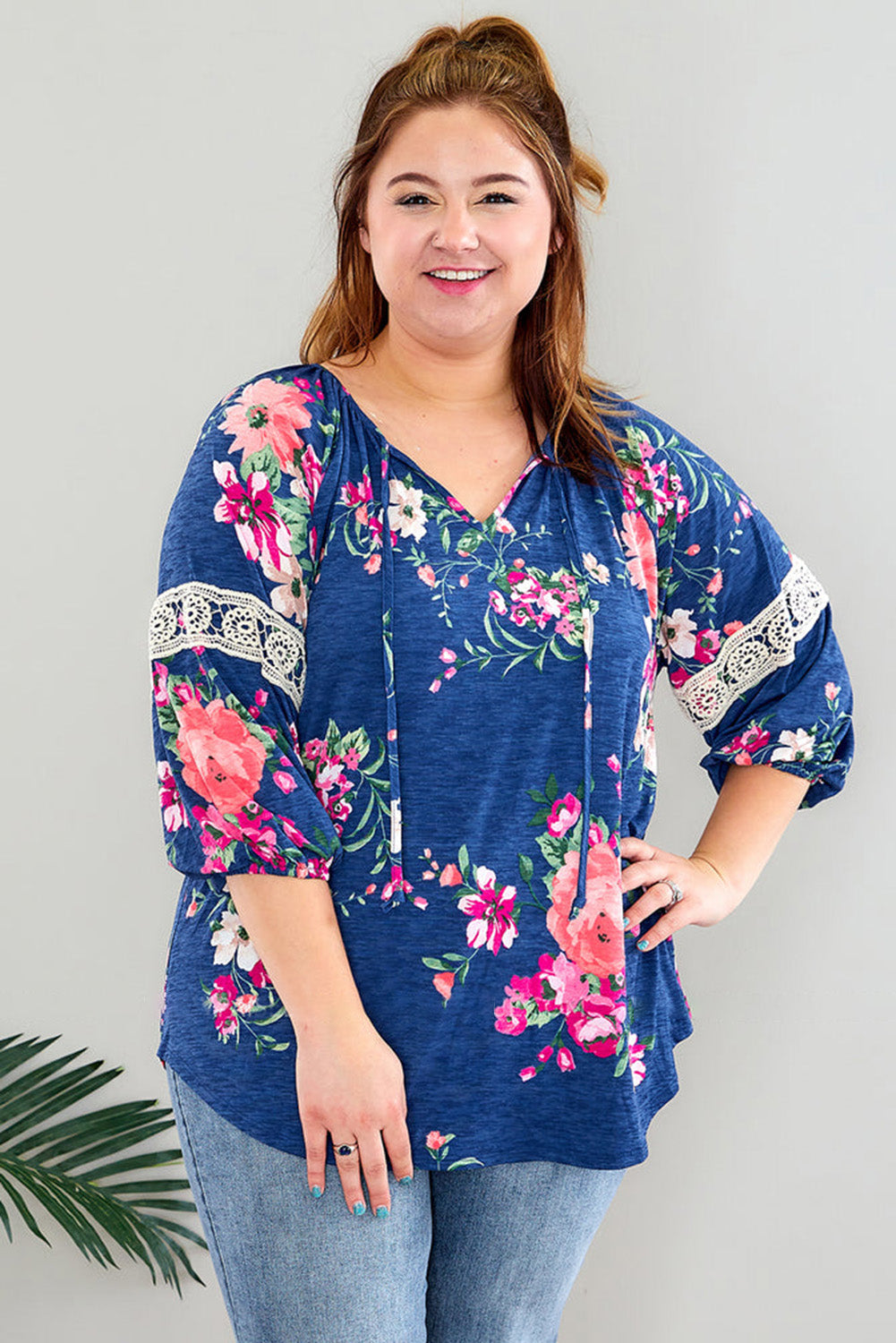 Blue Plus Size Lace Patch 3/4 Sleeve Split Neck Floral Top