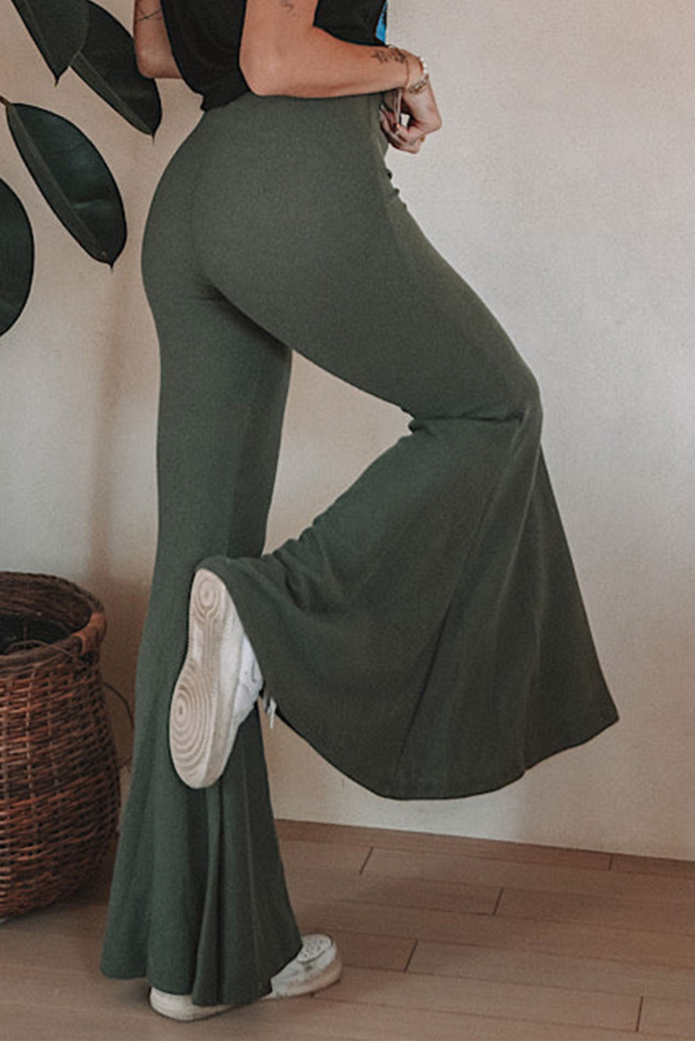 Gray Solid Color High Waist Ribbed Flare Pants 