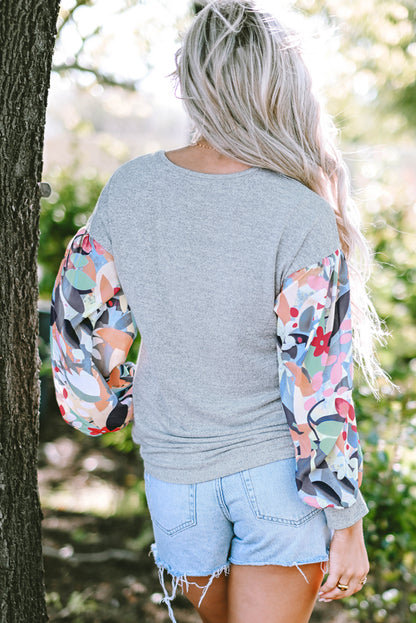 Grey Floral Lantern Sleeve Patchwork Buttoned V Neck Top