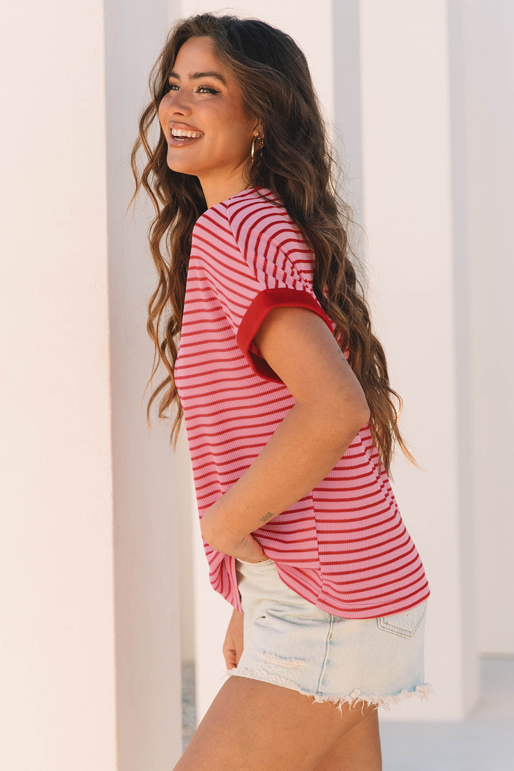 Pink Stripe Knitted Round Neck T Shirt