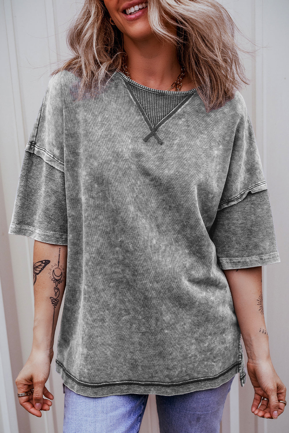 Petal Mineral Wash Exposed Seam Drop Shoulder Oversized Tee