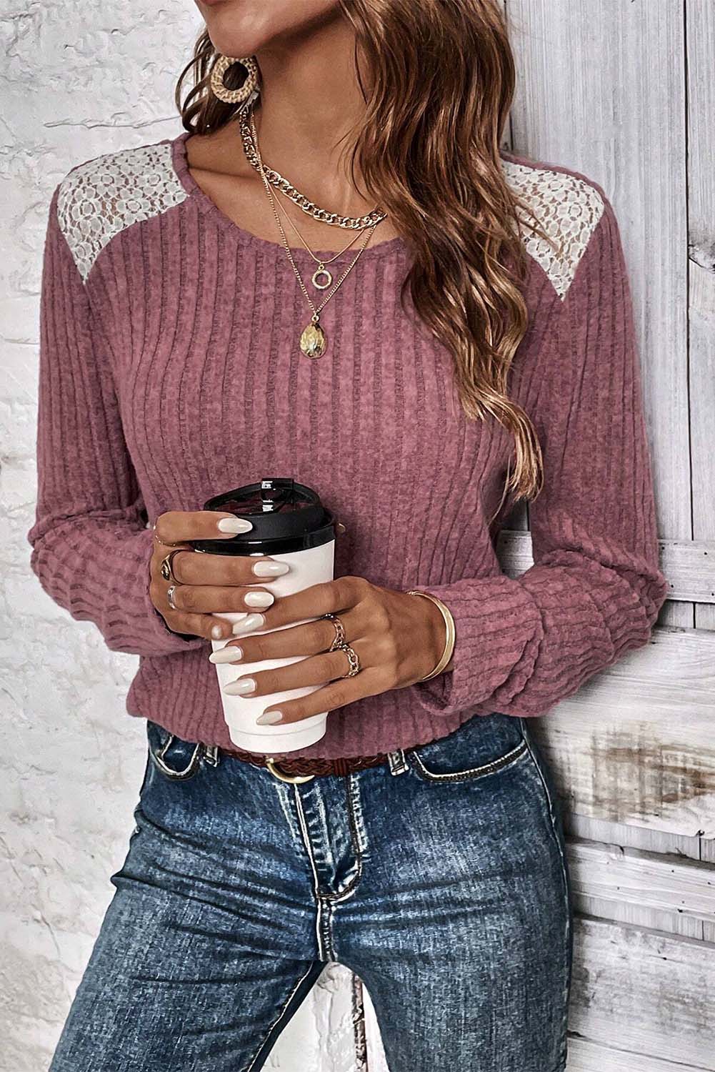 Pink Ribbed Knit Lace Patch Shoulder Casual Sweater The Perfect