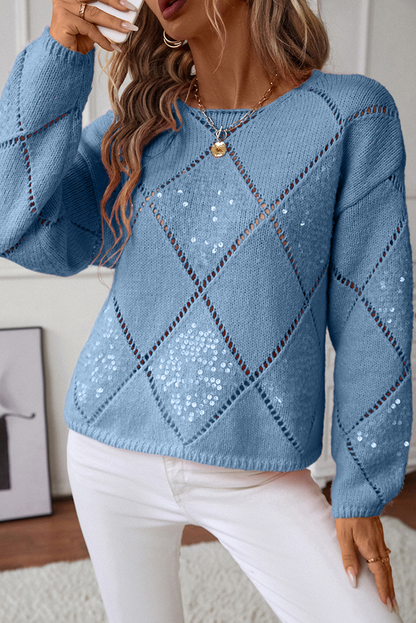 Dusk Blue Hollowed Rhombus Pattern Sequin Detail Round Neck Sweater