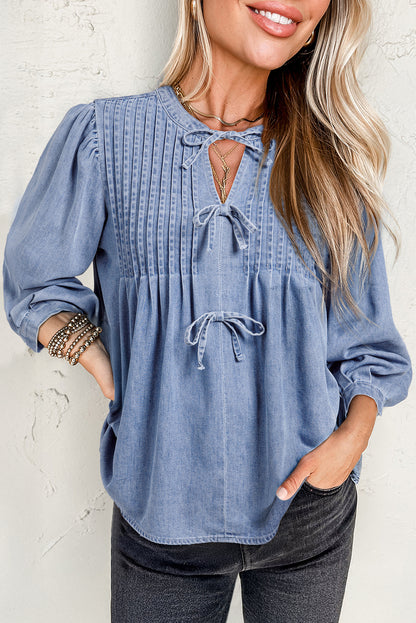 Myosotis Denim Front Pintuck Bow Tie Puff Sleeve Top