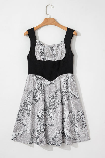 Black Sleeveless Bustier Patchwork Paisley Floral Chiffon Dress